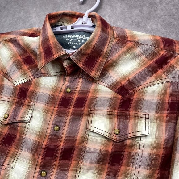 Wrangler Retro Premium Western Pearl Snap Shirt Mens XL Maroon Plaid Rustic Gorp - Picture 5 of 11